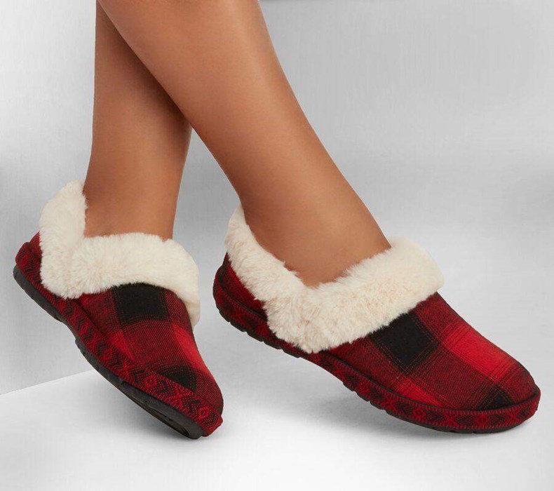 Dámské Mokasíny Skechers BOBS Too Cozy - Pleasantly Plaid Červené | BUSKJRA-06