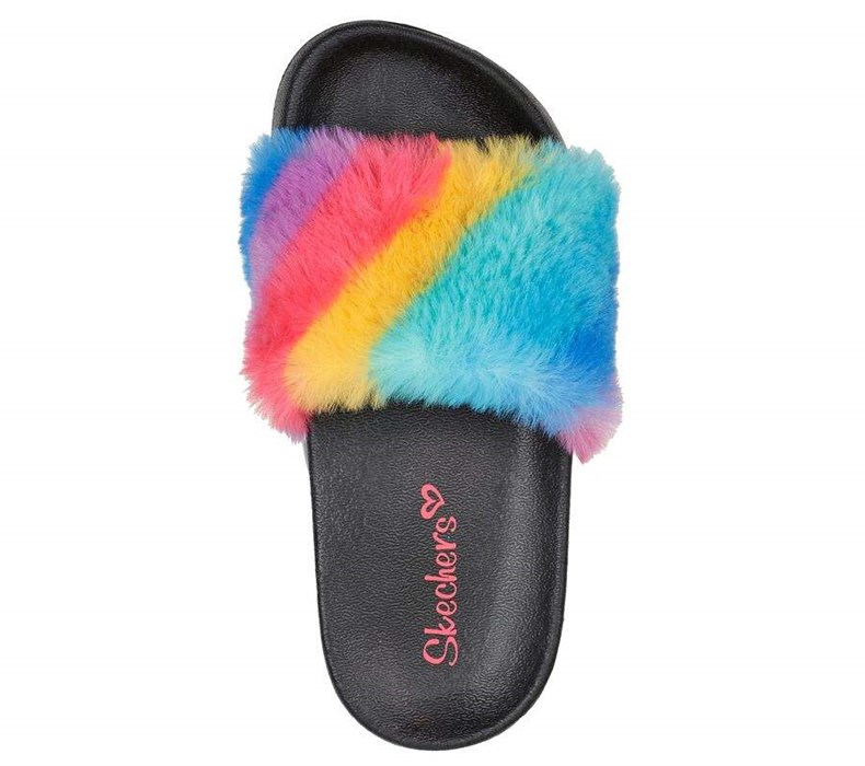 Dívčí Sandály Skechers Sunny Slides - Fuzzy Steps Černé Viacfarebný | QRVDABX-37